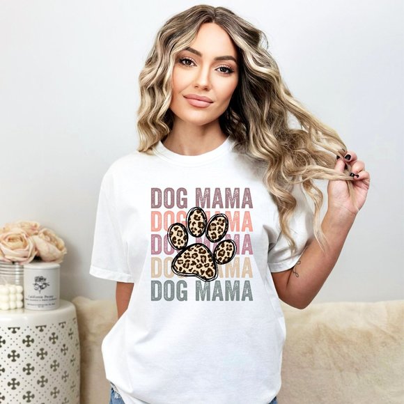 Trendy Leopard Print Paw Print Stacked Dog Mama Graphic Tee Shirt Crewneck - Picture 2 of 5